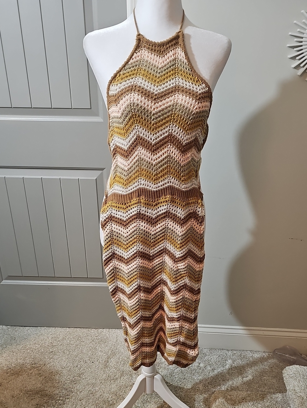 Lush Crochet Halter Midi Dress in Brown, Cream, Pink & Yellow